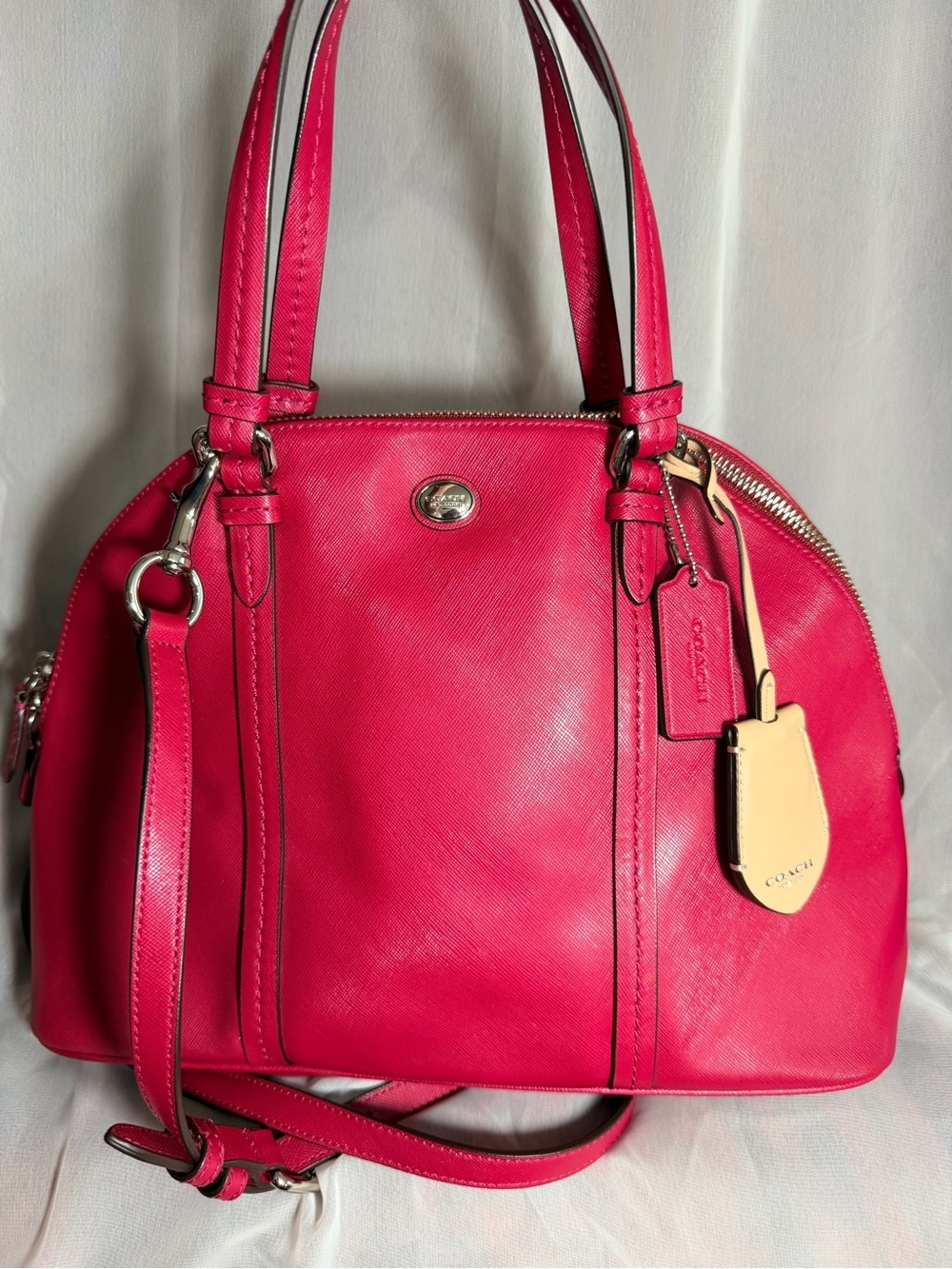 Coach Hot Pink Saffiano Leather Dome Satchel with Yellow Tag